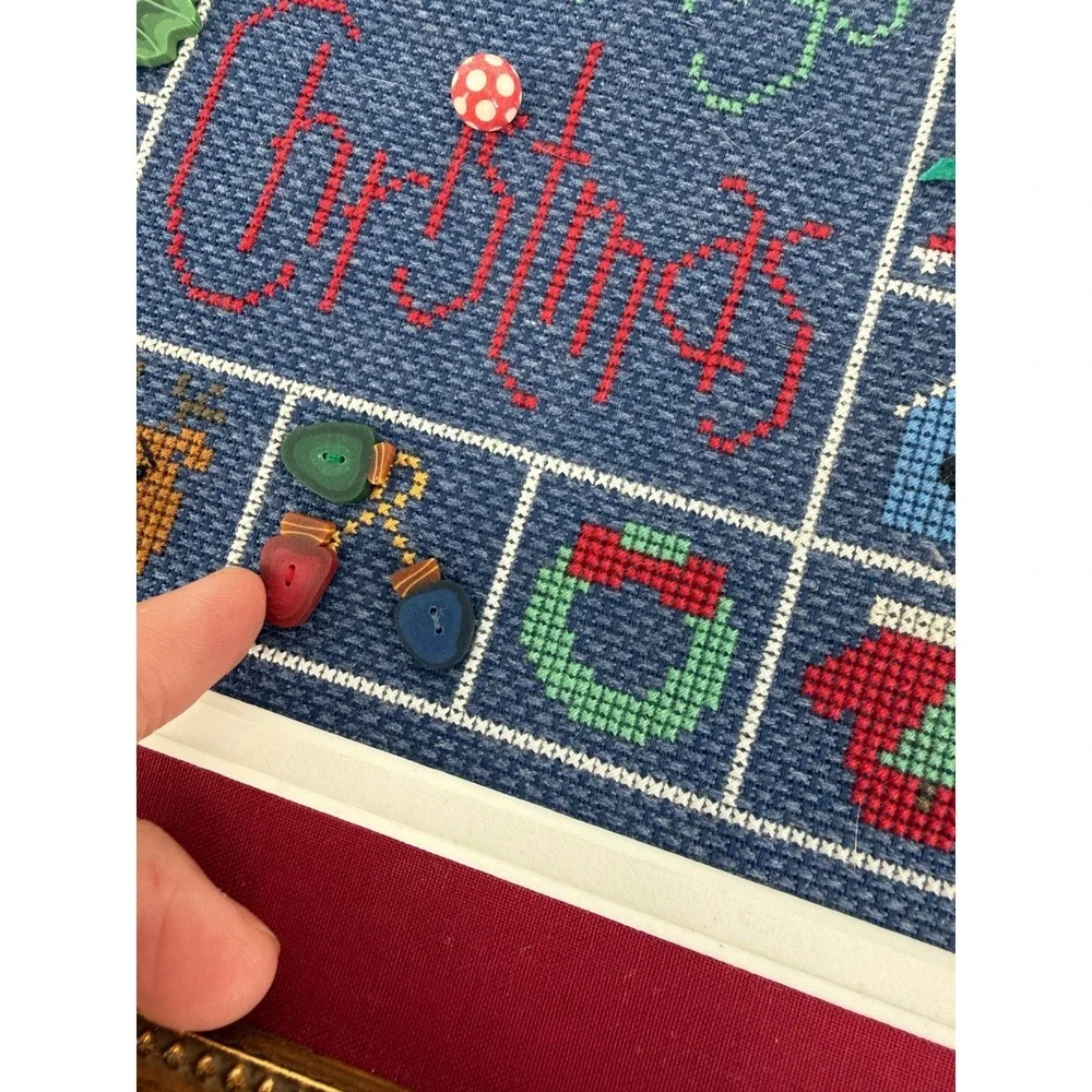 Christmas Cross Stitch Framed Holiday Needlepoint Christmas Lights Wall Art